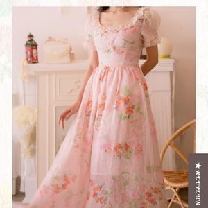 Retro fairy cottage core pink floral dress